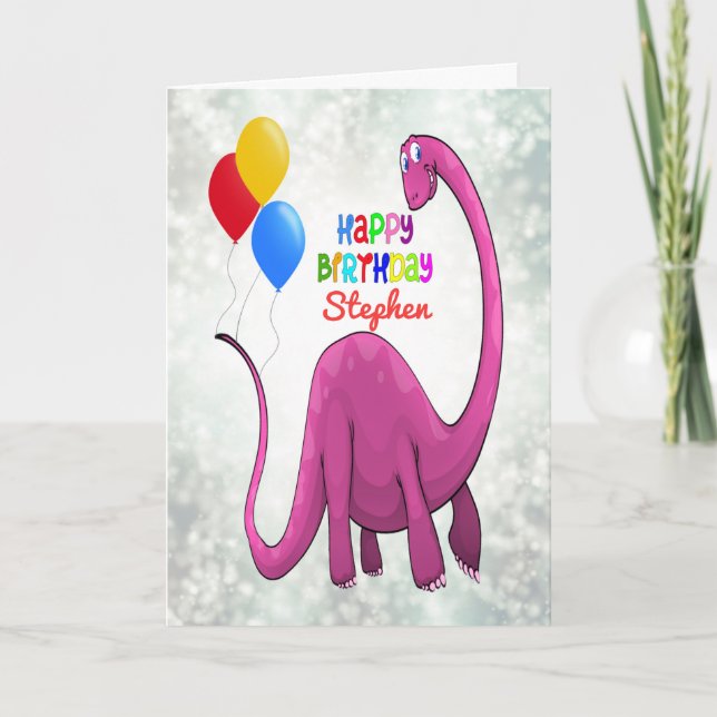 Cartão Adicione um nome: Birthday Dinossaur and Ballons (Frente)