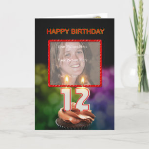 Cartão Adicione uma foto, 12 Aniversário com bolo e velas