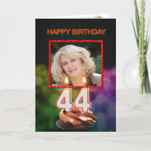 Cartão Adicione uma foto, 44 Aniversário com bolo e vela