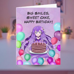 Cartão Adolescente Anime Roxa Segurando Bolo de Aniversár