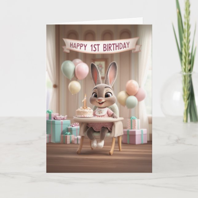 Cartão Adorable Baby Bunny First Birthday Celebration (Frente)