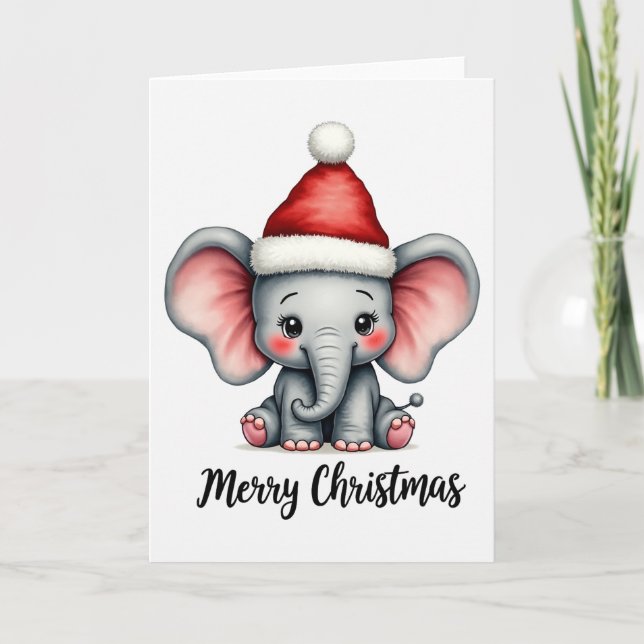 Cartão Adorable Baby Elephant Santa Hat Merry Christmas (Frente)