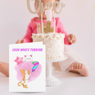Cartão Adorable Cat With 1st Birthday Balloons 