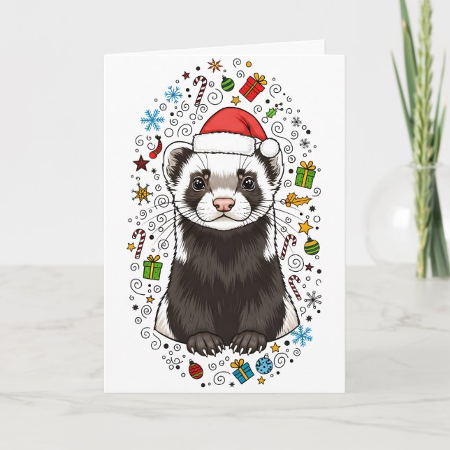 Cartão Adorable Ferret in Santa Hat Merry Christmas Card (Frente)