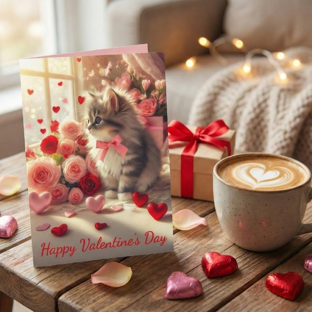 Cartão Adorable Fluffy Kitten with Roses Valentine's Day (Criador carregado)