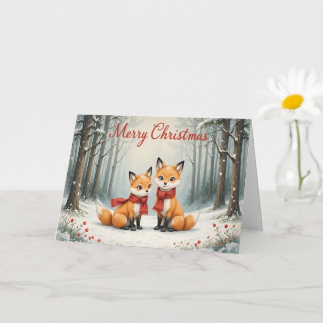 Cartão Adorable Fox Christmas Snowy Woods and Red Scarf (Planta pequena)