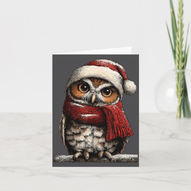 Cartão Adorable Owl With Santa Hat Snowy Winter Christmas (Frente)