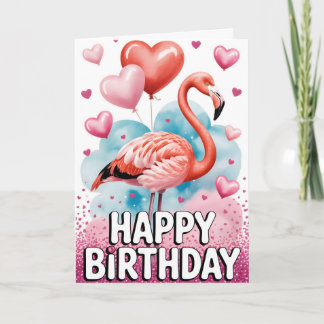 Cartão Adorable Pink Flamingo with Heart Balloons