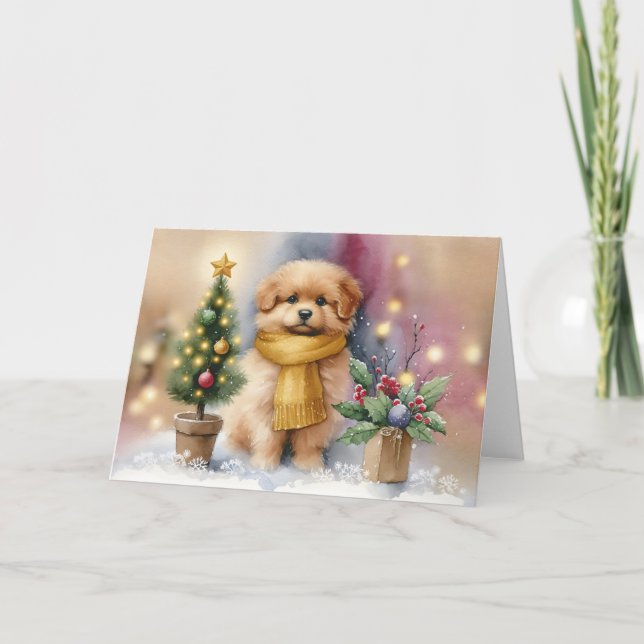 Cartão Adorable Puppy with Yellow Scarf & Christmas Tree (Frente)