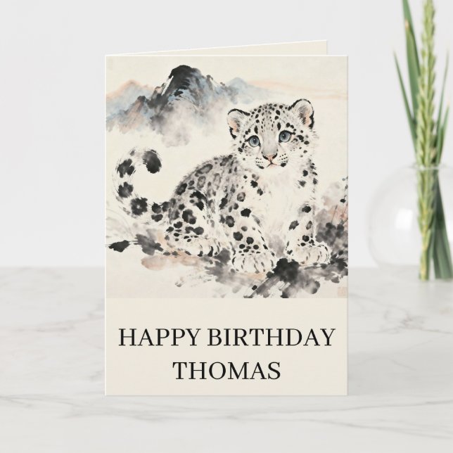 Cartão Adorable Snow Leopard Birthday (Frente)