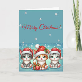 Cartão Adoráveis Gatinhos Kawaii com Chapéus de Papai Noe