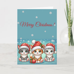 Cartão Adoráveis Gatinhos Kawaii com Chapéus de Papai Noe