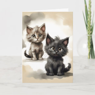 Cartão Adoráveis Gatinhos Preto e Listrado Retrato em Bra
