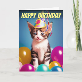 Cartão Adorável Aniversário Kitten e Partido Hábito