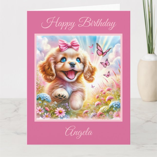 Cartão Adorável cachorrinho de Cocker Spaniel com borbole (Frente)