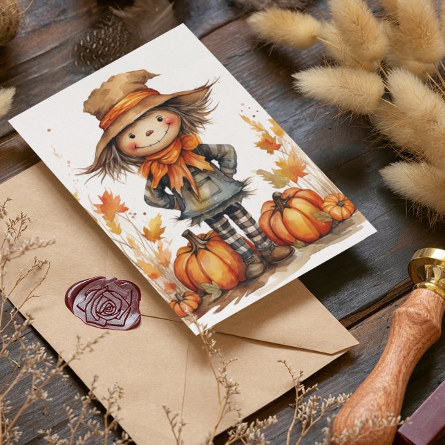 Cartão Adorável Espantalho de Outono com Abóbora e Folhas (Cute watercolor scarecrow for autumn, fall and Thanksgiving holidays with leaves and pumpkins.)