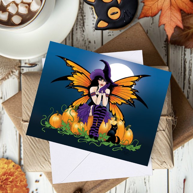 Cartão Adorável Fada de Halloween com Abóbora e Gato Pret (Criador carregado)