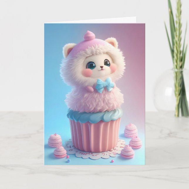 Cartão Adorável gatinho branco assando cupcakes em branco (Frente)
