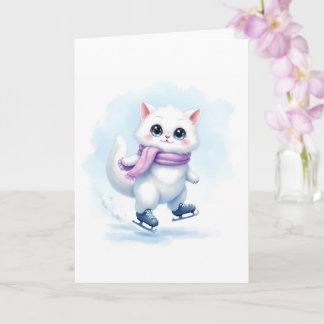 Cartão Adorável Gatinho Branco de Inverno Patinando no Ge