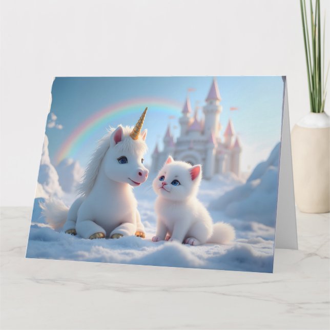 Cartão Adorável gatinho branco e bebê unicórnio (Frente)