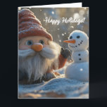 Cartão Adorável Gnome e Snowman numa Terra de inverno<br><div class="desc">Uma encantadora cena de inverno com um gnomo bonito com um chapéu vermelho e um pequeno boneco de neve,  cercado por suavemente cair neve. A dupla brincalhona-se numa paisagem coberta de neve,  com ouro folhas de outono no fundo adicionando calor à atmosfera do inverno.</div>