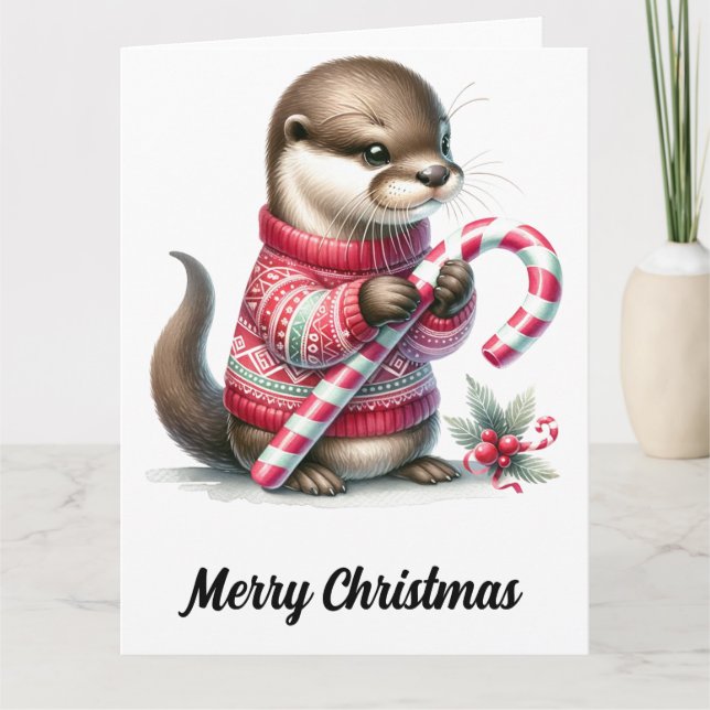 Cartão Adorável Otter De Natal Com Canas De Doces (Frente)