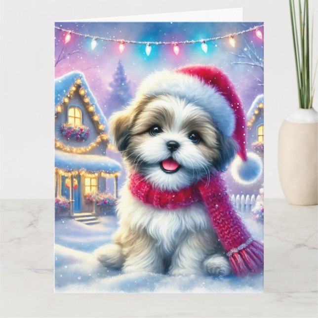 Cartão Adorável Shih Tzu Puppy na vila de Natal (Frente)