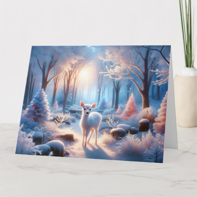 Cartão Adorável veado bebê em uma floresta de inverno (Frente)