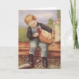 Cartão Adorável Vintage Boy e Chicken