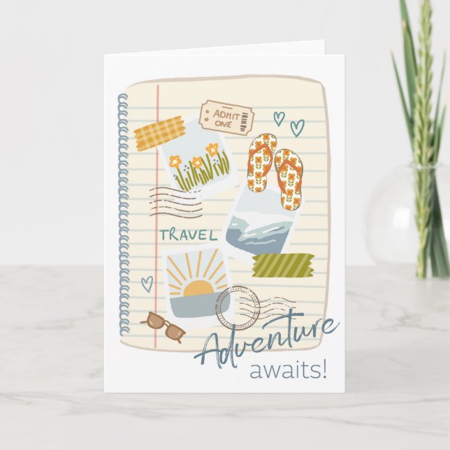 Cartão Adventure Aguarda Design de Viagem de Scrapbook (Frente)