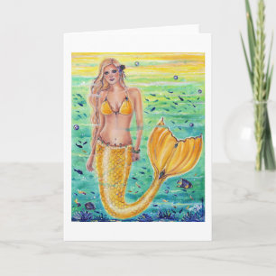 Cartão Aelia Yellow Mermaid art Por Renee L. Lavoie