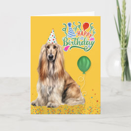 Cartão Afghan Hound Dog in a Party Hat on Yellow Birthday
