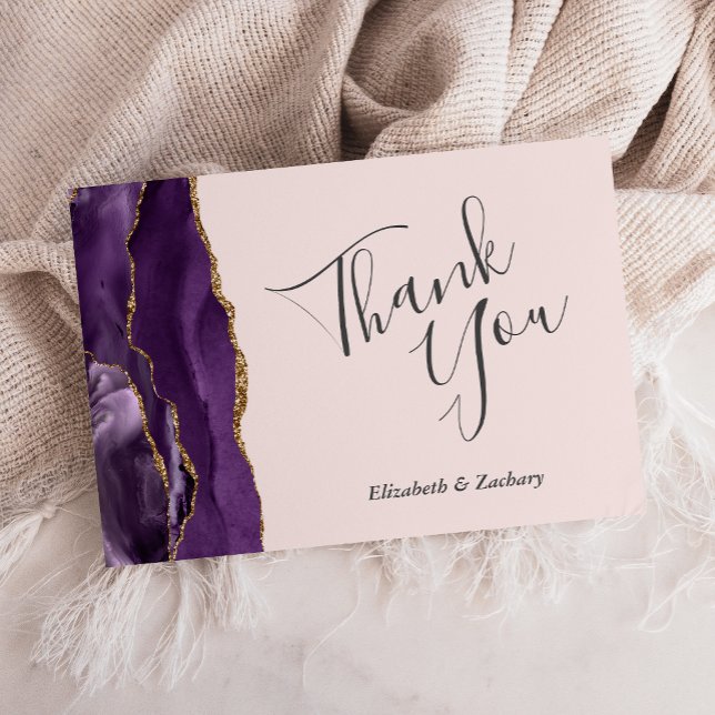 Cartão Agate Dourado Roxo Blush Casamento Flat Obrigado (Criador carregado)