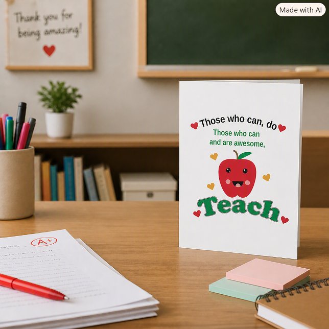 Cartão Agradecimento ao Professor de Maçã Kawaii (A greeting card with an apple & the text, "Those who can, do.  Those who can and are awesome, teach.)