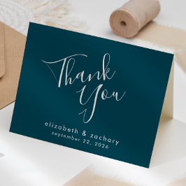 Cartão Agradecimento de Casamento Azul Turquesa em Roteir