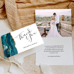 Cartão Agradecimento de Casamento em Ágata Azul Teal Dour