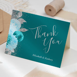 Cartão Agradecimento de Casamento Floral Turquesa Prata