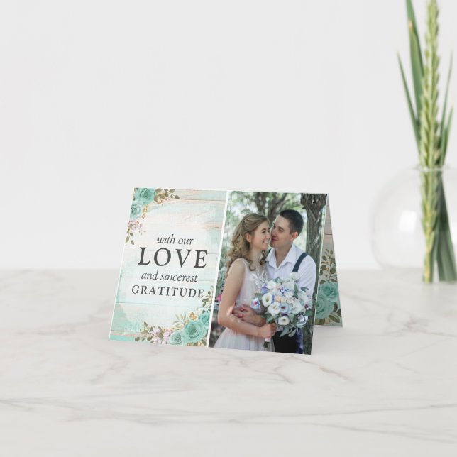 Cartão Agradecimento de Casamento Floral Turquesa Rústico (Frente)