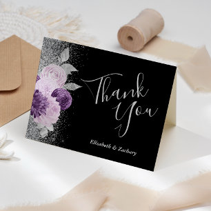 Cartão Agradecimento de Casamento Roxo Prata Preto Floral