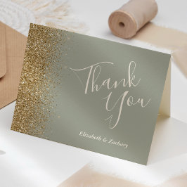 Cartão Agradecimento de Casamento Verde Sage com Brilho D