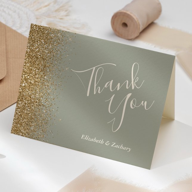 Cartão Agradecimento de Casamento Verde Sage com Brilho D (Criador carregado)