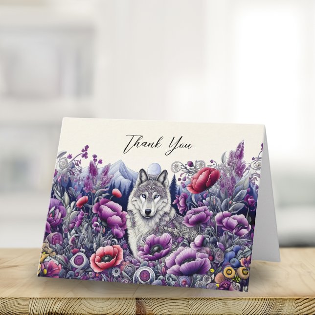 Cartão Agradecimento Lobo Arte Popular Com Papoulas (Express gratitude with whimsical folk art, perfect for nature enthusiasts.
)