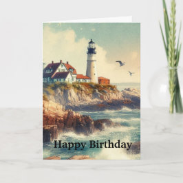 Cartão Água-forte de Farol Vintage Feliz Aniversário