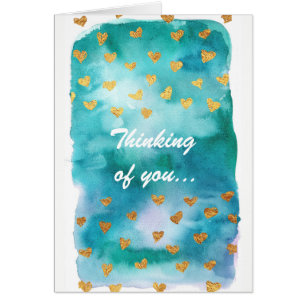 Cartão Aguarela azul, com corações Dourados