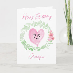 Cartão Aguarela Floral e Coração 75º Aniversário