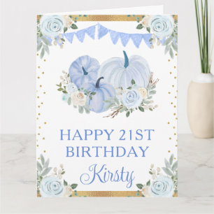 Cartão Aguarela Pastel Abóbora Floral Azul Aniversário
