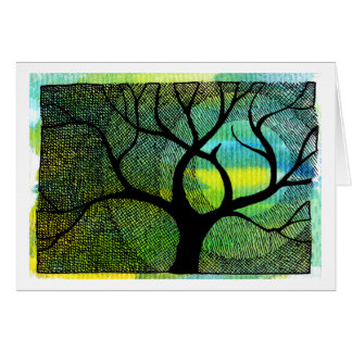 Cartão Aguarelas azuis e amarelas da árvore e da lua -
