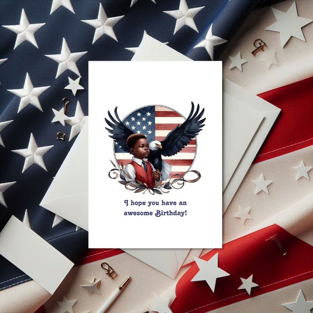 Cartão Águia Patriótica e Menino Todo Aniversário America (Patriotic Eagle & Boy All American Birthday Card)