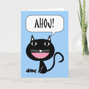 Cartão Ahoj! Olá em Tcheco, Gato Negro com Ossos de Peix
