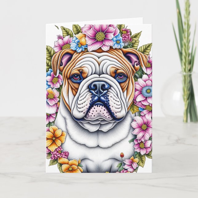 Cartão Ai Art Bulldog Cercado por Flores Whimsical (Frente)
